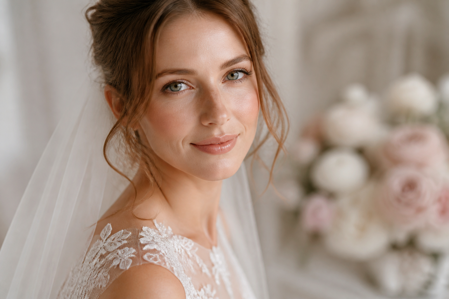Bride with radiant glowing skin in white wedding dress